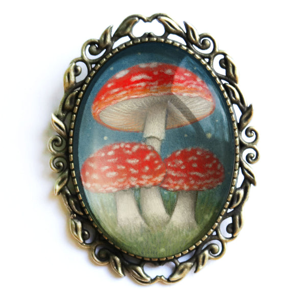 Amanita Mushrooms Ornate Oval Glass Cabochon  Brooch