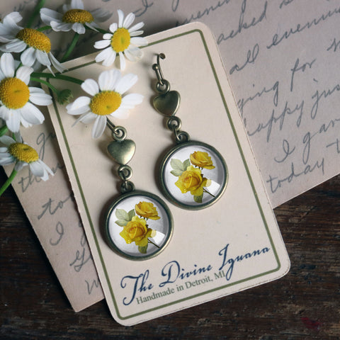 Yellow Rose Vintage Inspired Drop / Dangle Earrings with Heart Accent