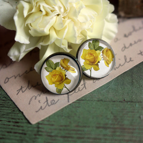 Yellow Rose Cottage Core Vintage Inspired Stud Earrings