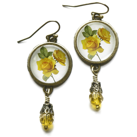 Yellow Rose Vintage Inspired Drop / Dangle Earrings with Glass Bead