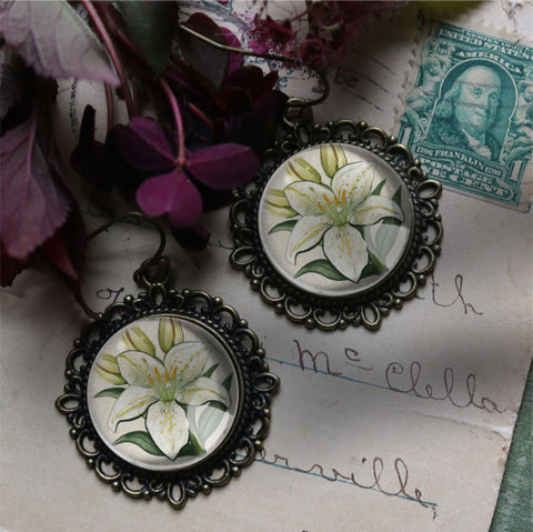 Art Nouveau Easter Lily Earrings in Ornate Bronze Filigree Findings