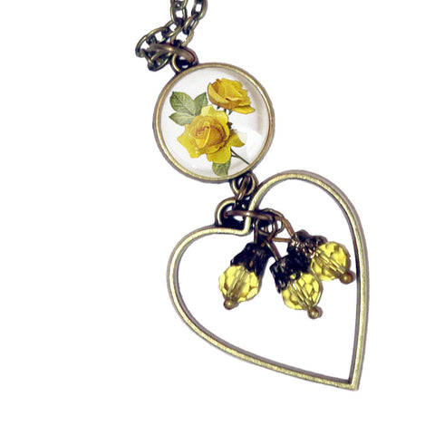 Yellow Rose Heart Charm Pendant Necklace with Bead Accent