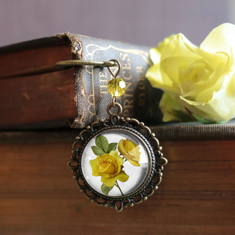 Yellow Rose Glass Cabochon Brass Book Hook / Bookmark