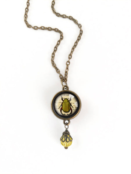 Green Beetle Reversible Pendant Necklace with Bead Accent