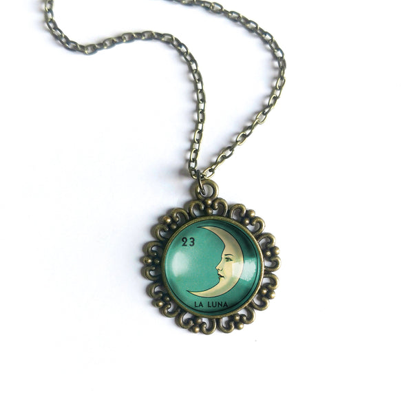 La Luna Moon Loteria Themed Large Pendant Necklace in Ornate Frame