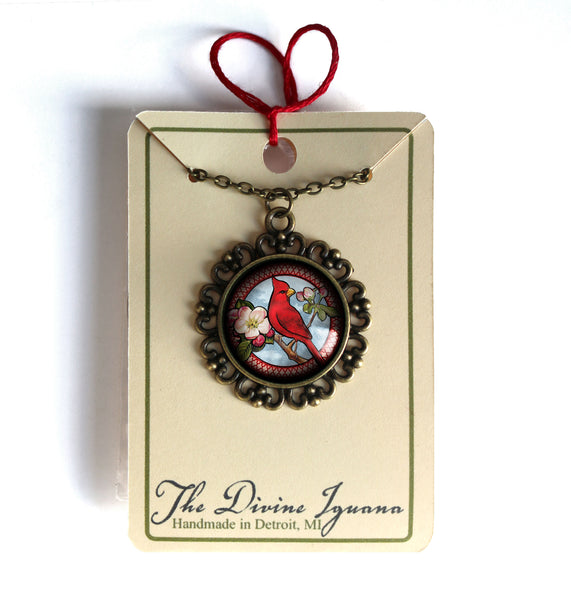 Spring Cardinal Bird Large Pendant Necklace in Ornate Frame