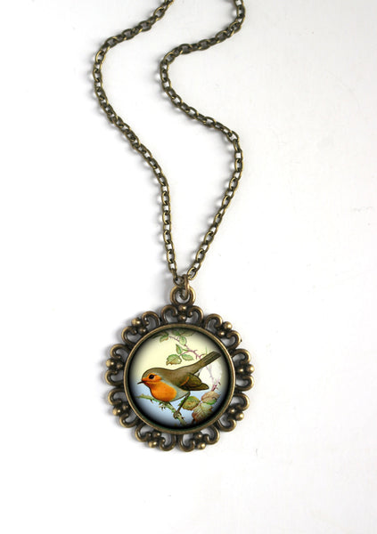 Spring Robin Large Pendant Necklace in Ornate Frame