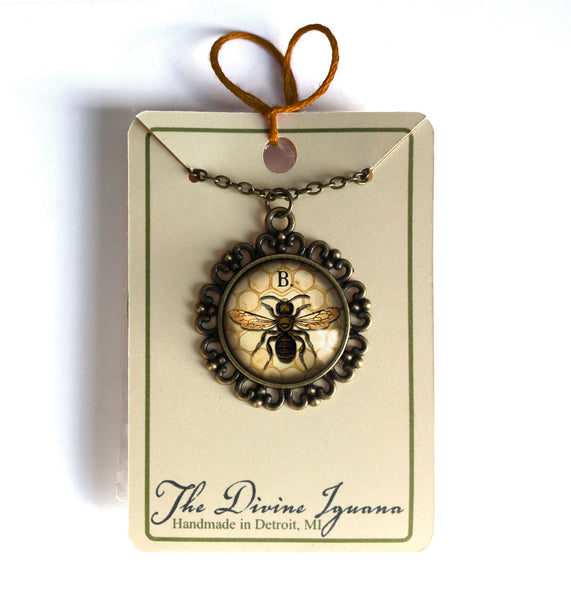 Honey Bee or Worker Bee Large Pendant Necklace in Ornate Frame