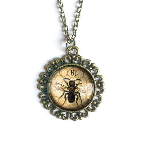 Honey Bee or Worker Bee Large Pendant Necklace in Ornate Frame