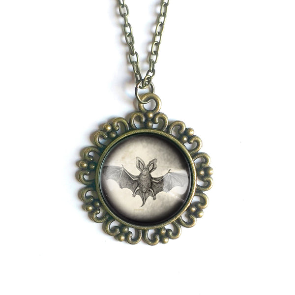 Victorian Bat Goth or Halloween Large Pendant Necklace in Ornate Frame