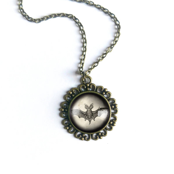 Victorian Bat Goth or Halloween Large Pendant Necklace in Ornate Frame