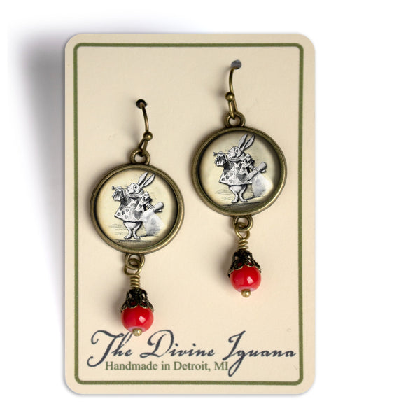 Alice in Wonderland White Rabbit Vintage Inspired Drop / Dangle Earrings