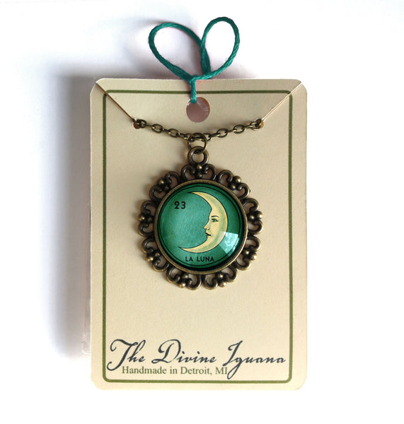 La Luna Moon Loteria Themed Large Pendant Necklace in Ornate Frame