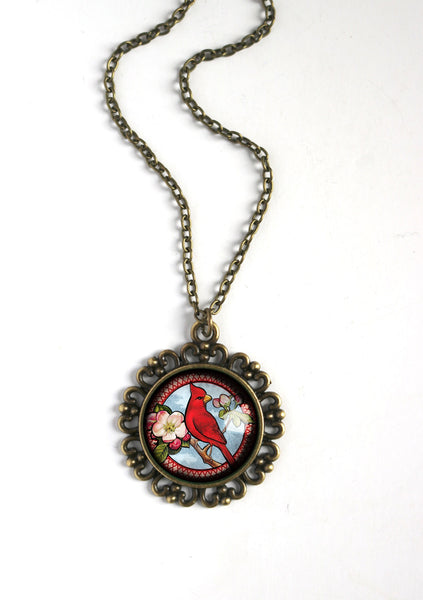 Spring Cardinal Bird Large Pendant Necklace in Ornate Frame