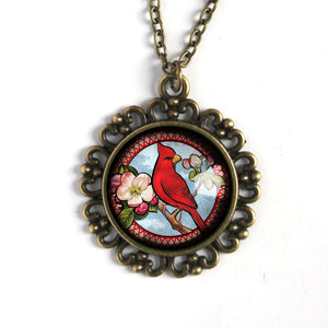 Spring Cardinal Bird Large Pendant Necklace in Ornate Frame