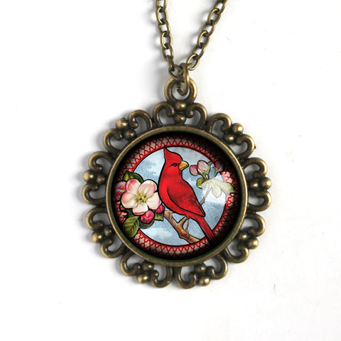 Spring Cardinal Bird Large Pendant Necklace in Ornate Frame