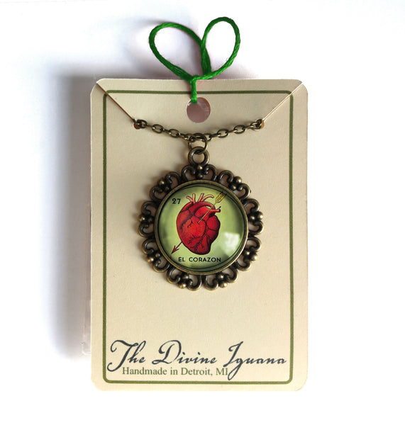El Corazon Heart Loteria Themed Large Pendant Necklace in Ornate Frame