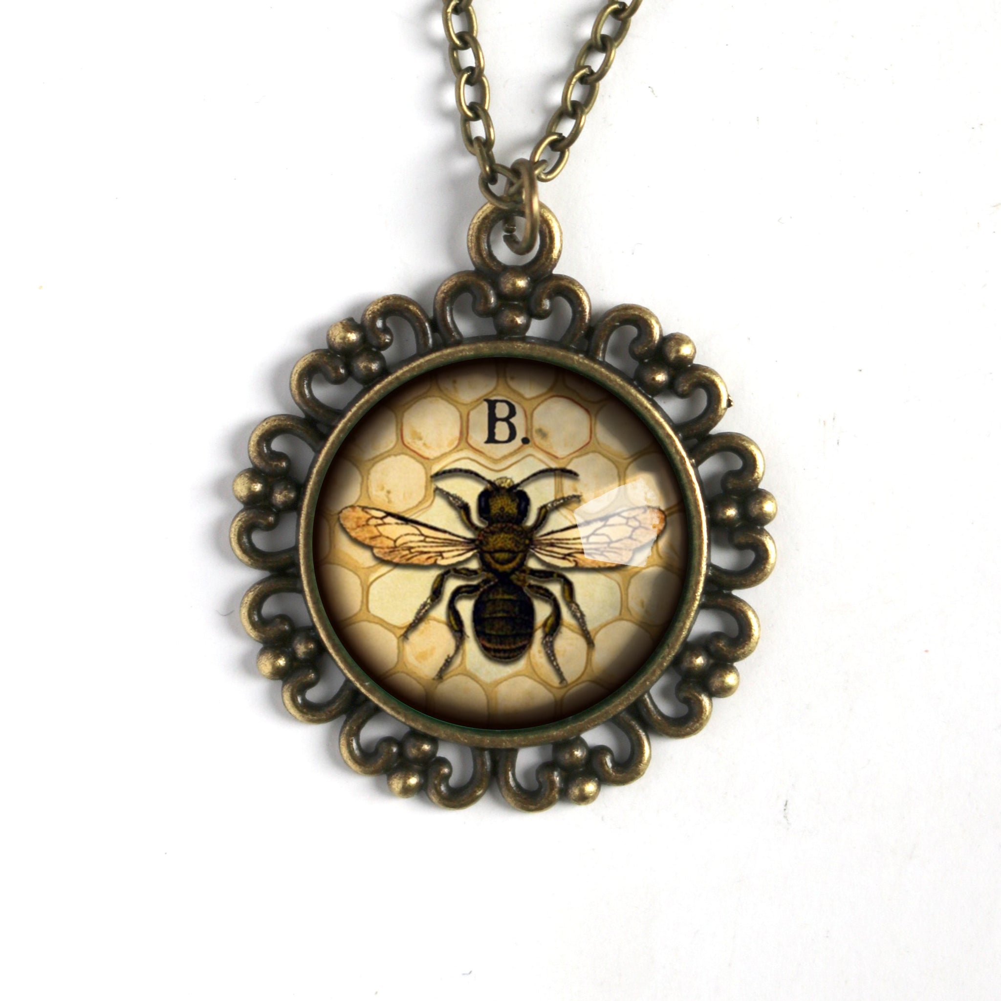 Honey Bee or Worker Bee Large Pendant Necklace in Ornate Frame