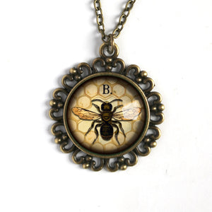 Honey Bee or Worker Bee Large Pendant Necklace in Ornate Frame