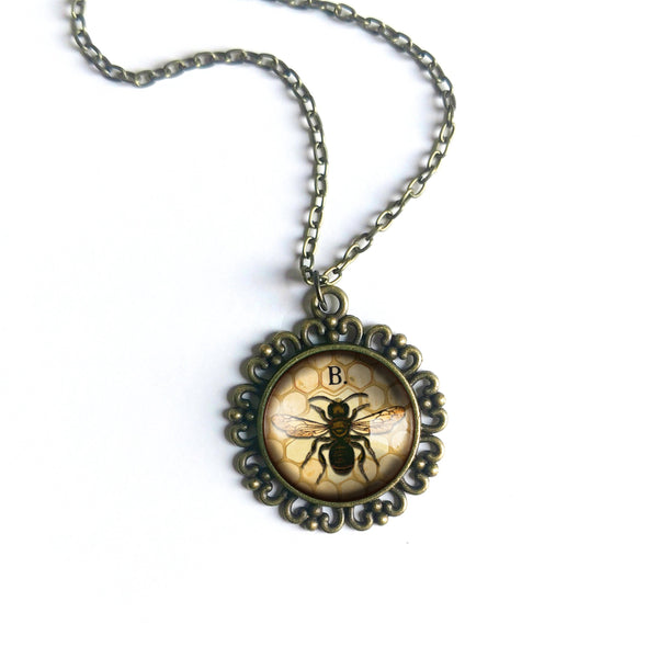 Honey Bee or Worker Bee Large Pendant Necklace in Ornate Frame