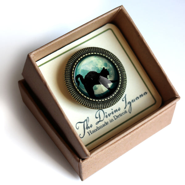 Black Cat on Full Moon Vintage Inspired Pin Brooch