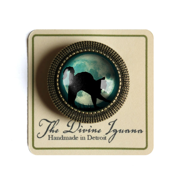 Black Cat on Full Moon Vintage Inspired Pin Brooch