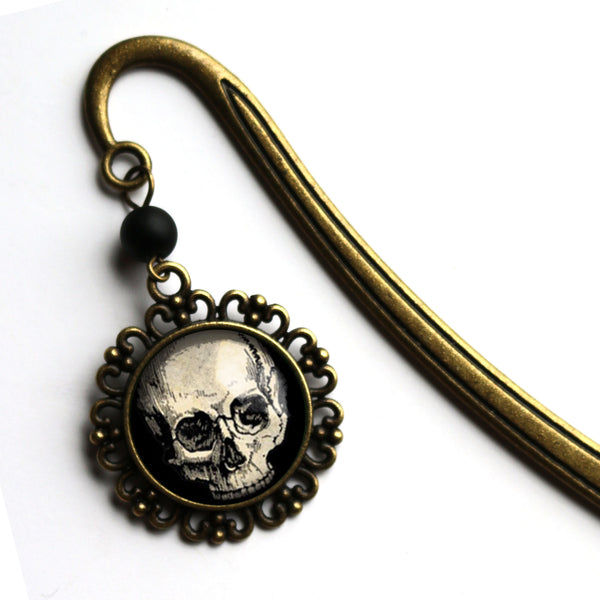 Human Skull Glass Cabochon Brass Book Hook / Bookmark