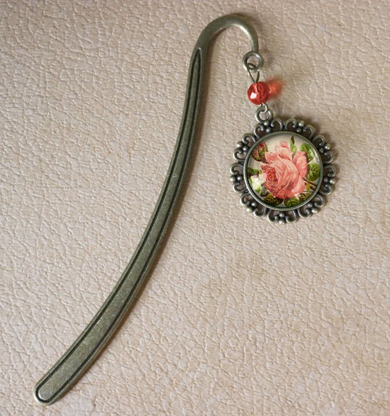 Victoria Tea Rose Glass Cabochon Brass Book Hook / Bookmark