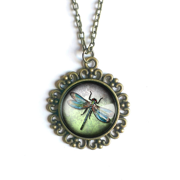 Dragonfly Large Pendant Necklace in Ornate Frame