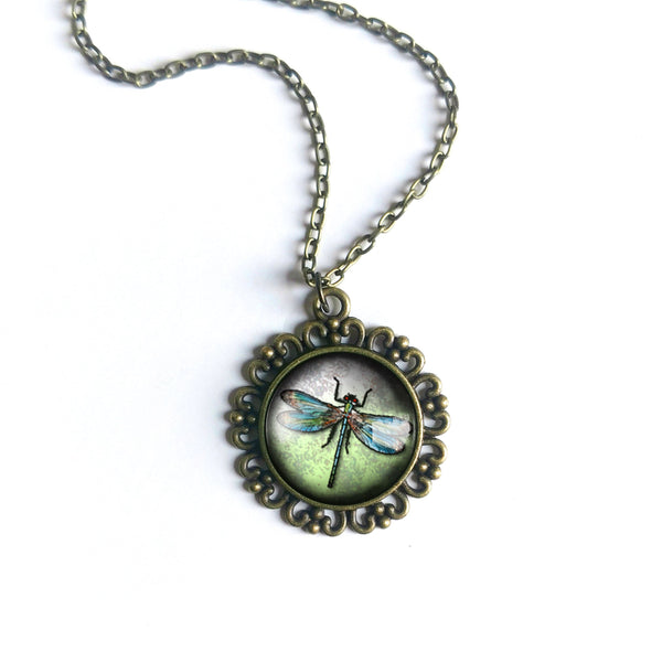 Dragonfly Large Pendant Necklace in Ornate Frame