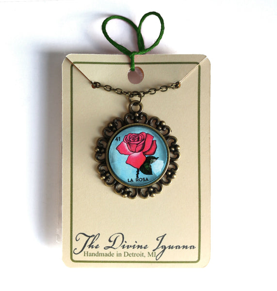 La Rosa Rose Loteria Themed Large Pendant Necklace in Ornate Frame
