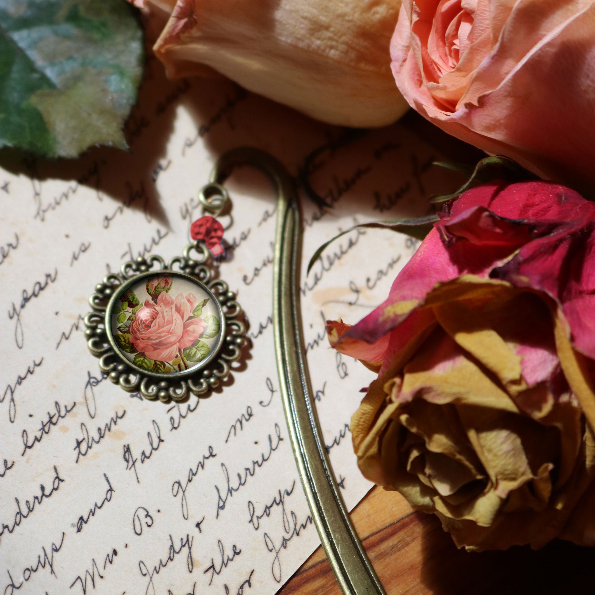 Victoria Tea Rose Glass Cabochon Brass Book Hook / Bookmark