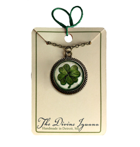 Shamrock or Four-Leafed Clover Pendant Necklace with Bead Accent