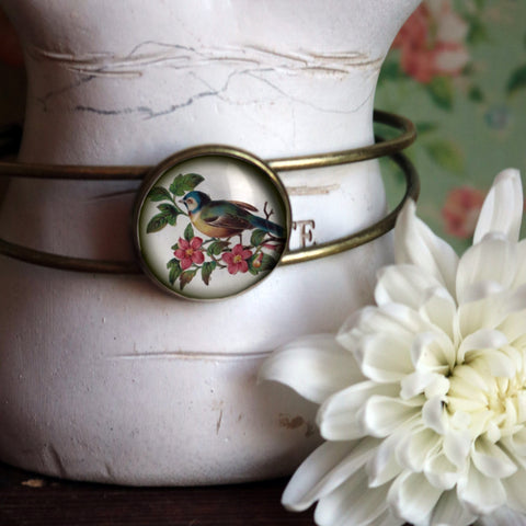 Bluebird Cottagecore Charm Bracelet / Bangle in Antique Brass