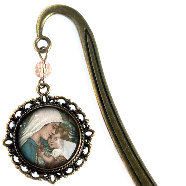 Mother Mary with the Christ Child Glass Cabochon Brass Book Hook / Bookmark
