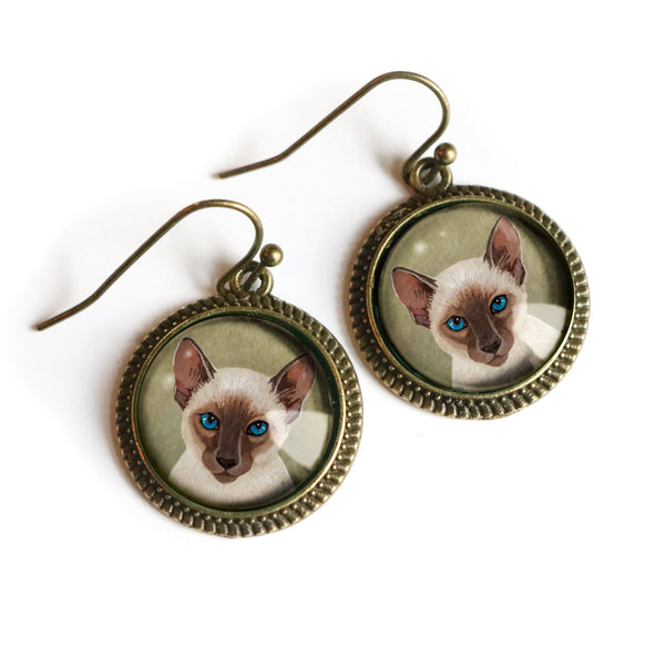 Siamese Cat Glass Cabochon Earrings