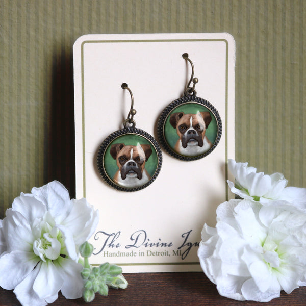 Boxer Dog Glass Cabochon Earrings