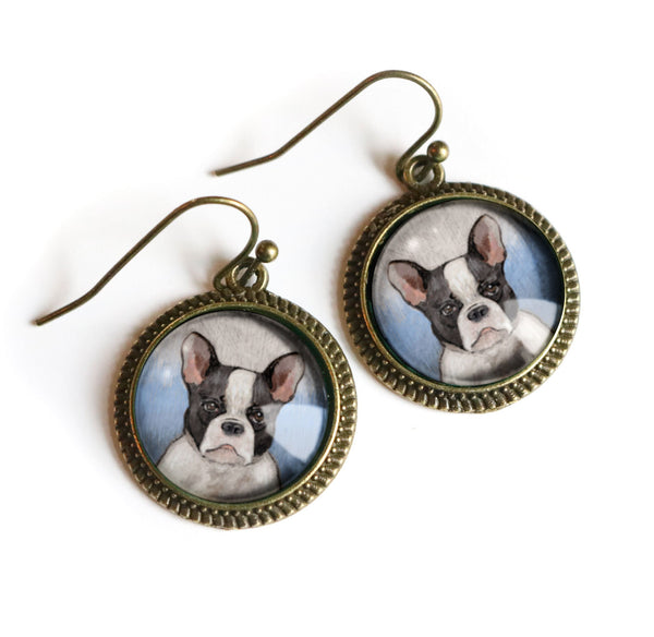 French Bulldog Glass Cabochon Earrings