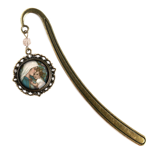 Mother Mary with the Christ Child Glass Cabochon Brass Book Hook / Bookmark