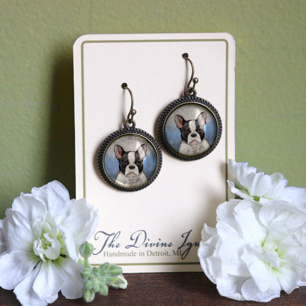 French Bulldog Glass Cabochon Earrings