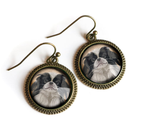 Japanese Chin Dog Glass Cabochon Earrings