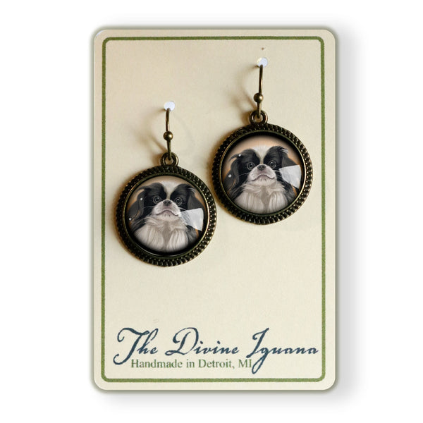 Japanese Chin Dog Glass Cabochon Earrings