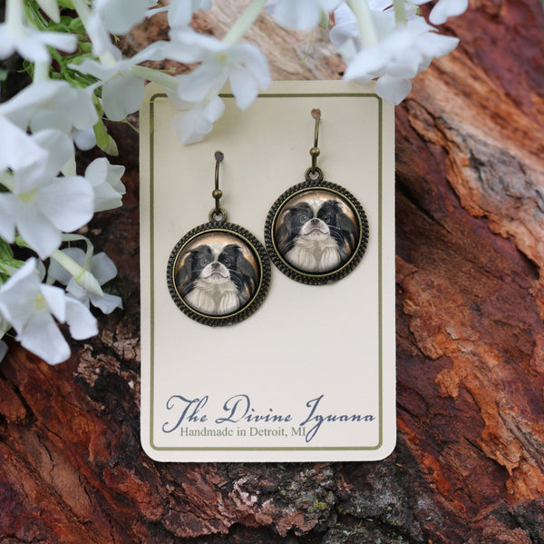 Japanese Chin Dog Glass Cabochon Earrings