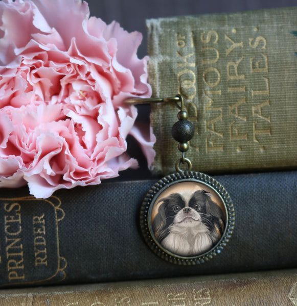 Japanese Chin Dog Glass Cabochon Brass Book Hook / Bookmark