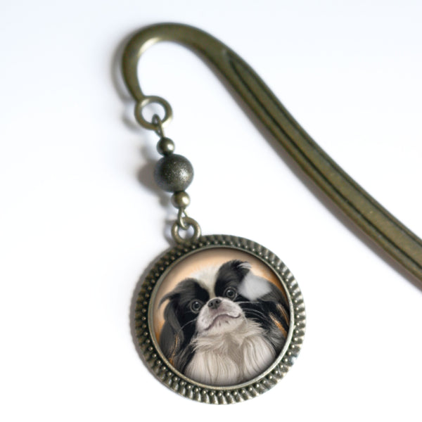 Japanese Chin Dog Glass Cabochon Brass Book Hook / Bookmark