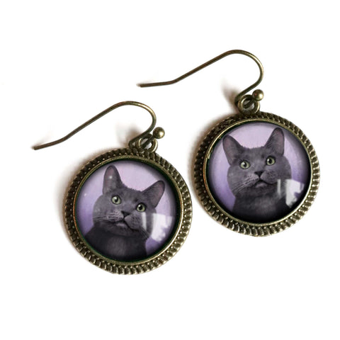 Russian Blue Glass Cabochon Grey Cat Earrings