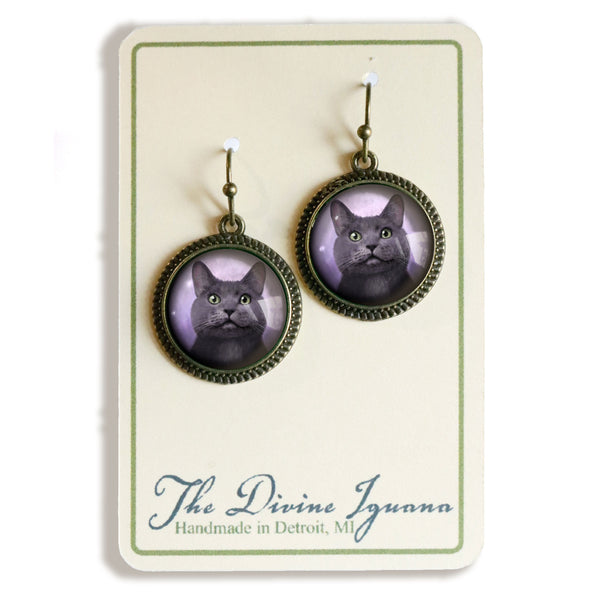 Russian Blue Glass Cabochon Grey Cat Earrings