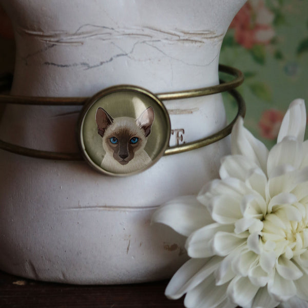 Siamese Cat Glass Cabochon Cuff Bracelet