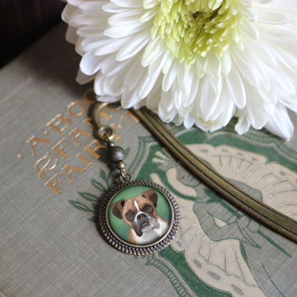 Boxer Dog Glass Cabochon Brass Book Hook / Bookmark