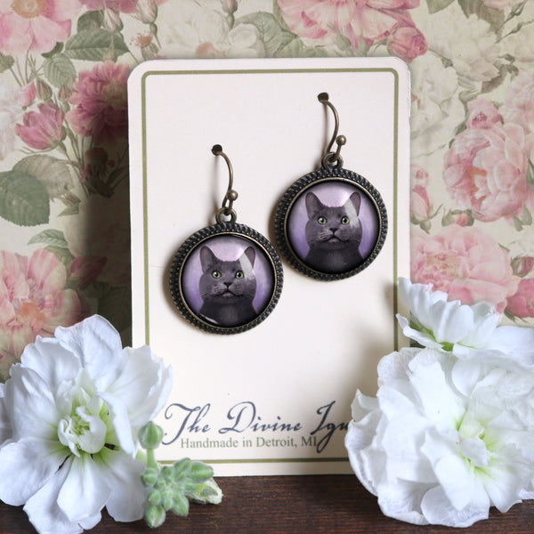 Russian Blue Glass Cabochon Grey Cat Earrings